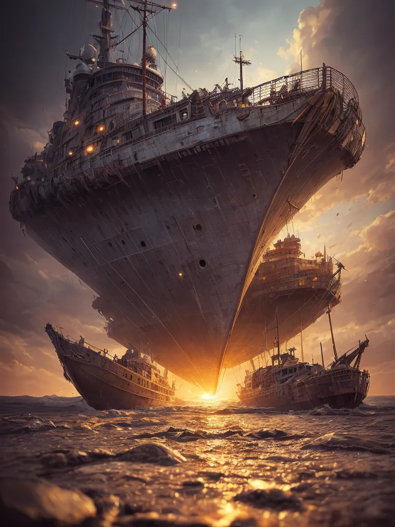 The image shows a large, rusty ship that appears to be hovering in the air. There are several smaller ships around it, also hovering. The ships are all in various states of disrepair. The sky is dark and cloudy, and the water is rough. The image is post-apocalyptic and conveys a sense of hopelessness and despair.