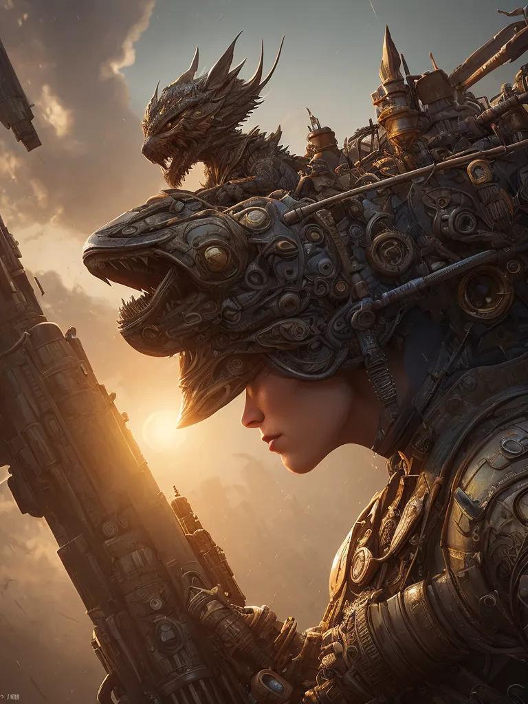 This is an image of a woman wearing a steampunk-style helmet. The helmet is made of metal and has a dragon-like design, the eyes are made of yellow glass. She is also wearing a brown leather jacket and has a large gun in her hand. She is standing in a post-apocalyptic wasteland. The sky is dark and cloudy, and the ground is covered in rubble. There are ruined buildings in the background.