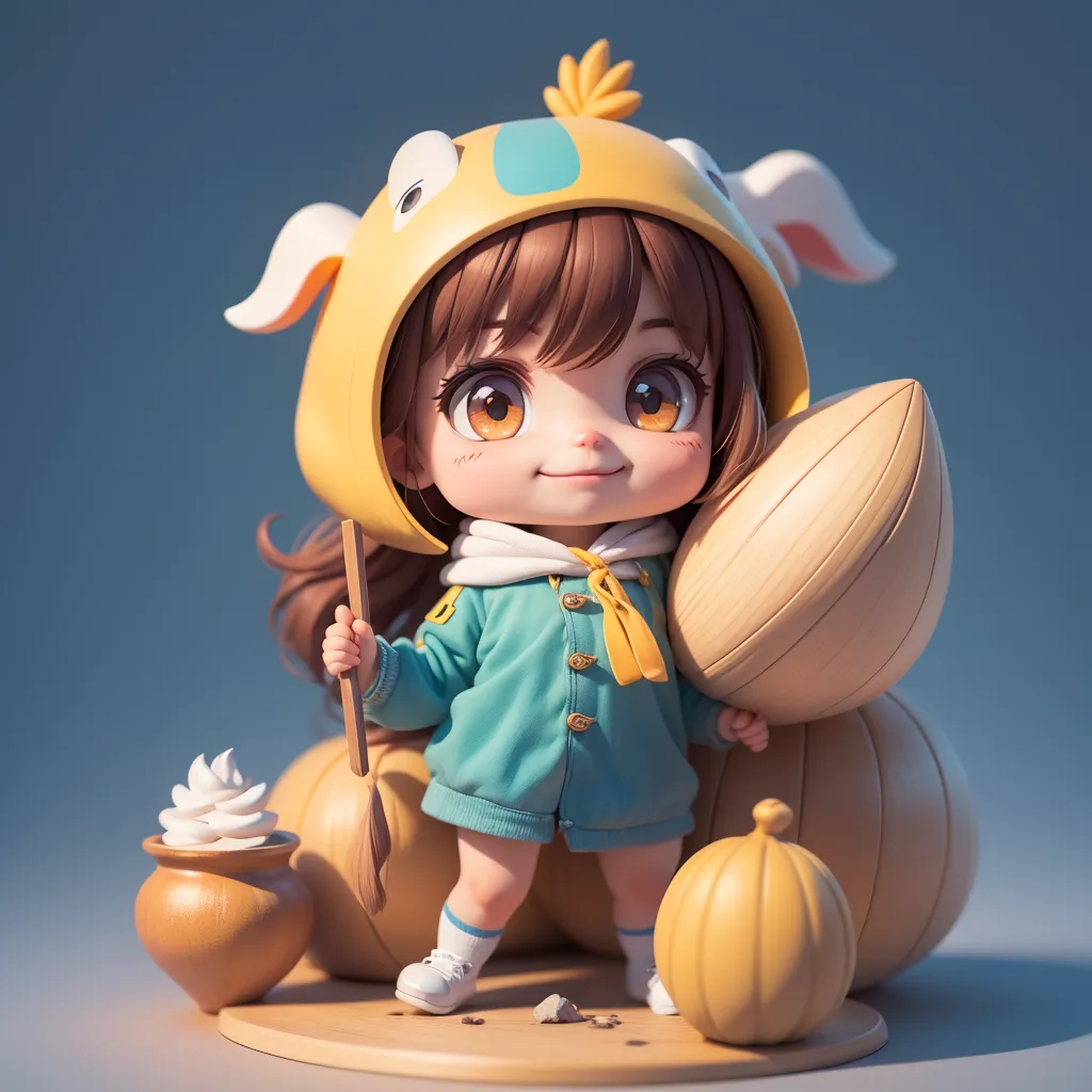 The image shows a cute chibi girl with brown hair and big brown eyes. She is wearing a yellow and blue hoodie with a hood that has rabbit ears. The girl is also wearing white socks and sneakers. She is holding a large brown nut in her arms and standing on a small brown platform. Next to her is a ceramic bowl with white cream in it. Behind her is a stack of pumpkins. The girl is standing in front of a blue background.