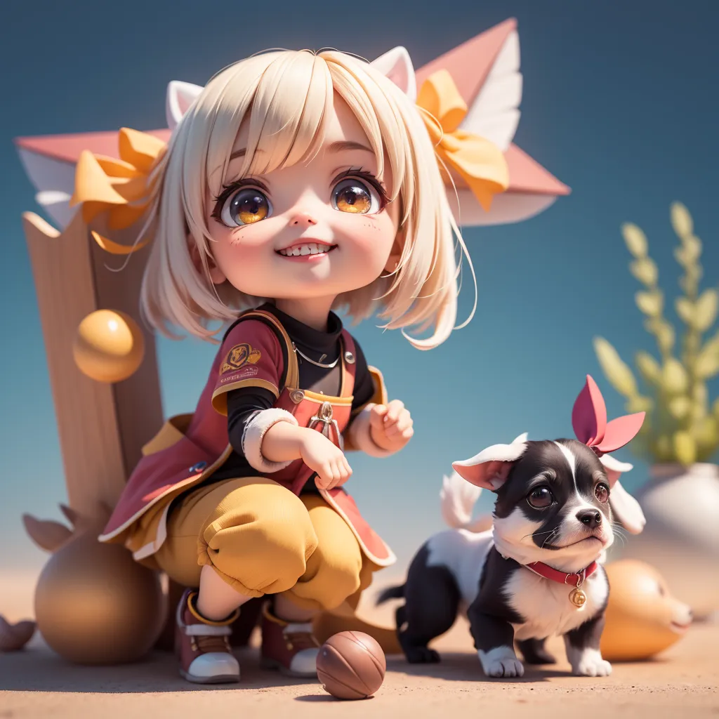 The image shows a young girl with blond hair and cat ears. She is wearing a red and yellow outfit and has a yellow bow in her hair. She is kneeling on the ground and playing with a small dog. The dog is black and white and has a red collar with a flower on it. The girl has a happy expression on her face and is looking at the dog. The background is a blur of blue sky and clouds.