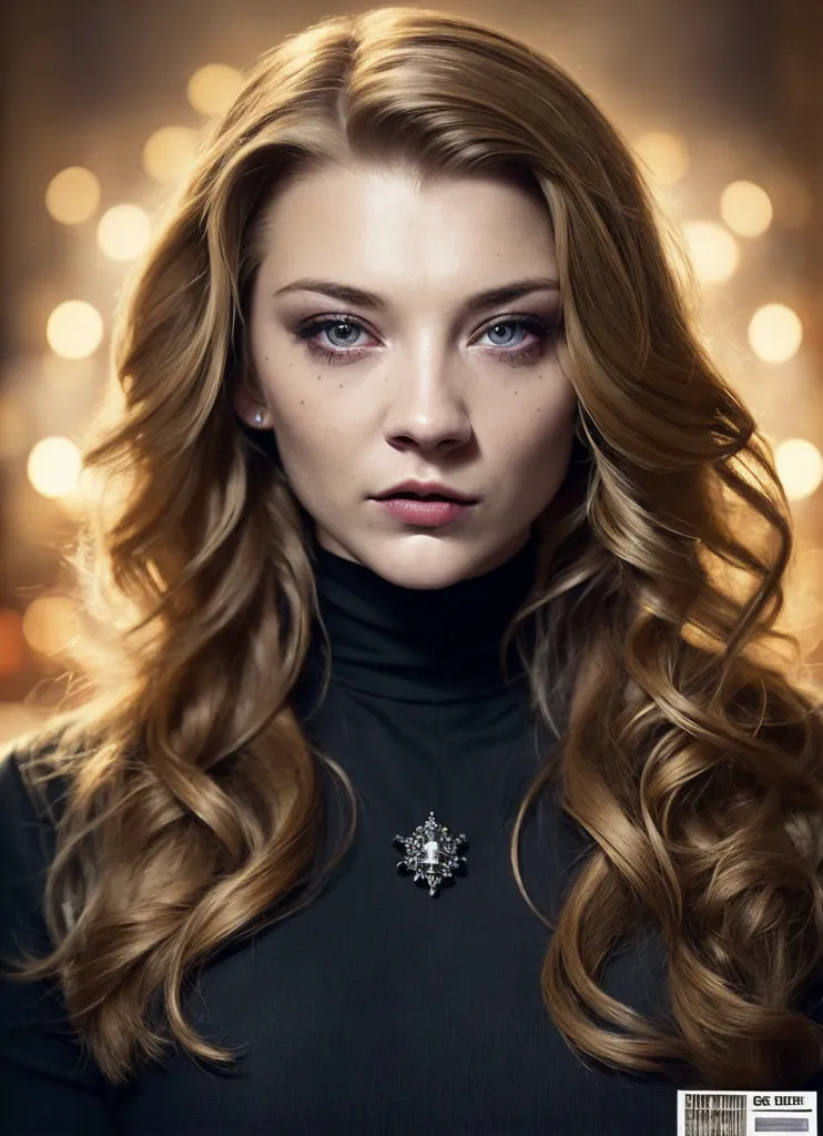 The image is a portrait of a young woman with long, wavy blonde hair. She is wearing a black turtleneck blouse with a silver necklace. The background is out of focus and is made up of many tiny lights. The woman has a serious expression on her face and is looking directly at the viewer.