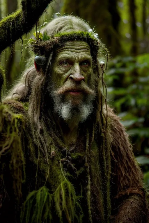 The image shows a man with long white hair and a long white beard. He is wearing a wreath of leaves and flowers on his head. His face is partially covered with moss. He is standing in a forest, and he is looking at the camera with a serious expression.