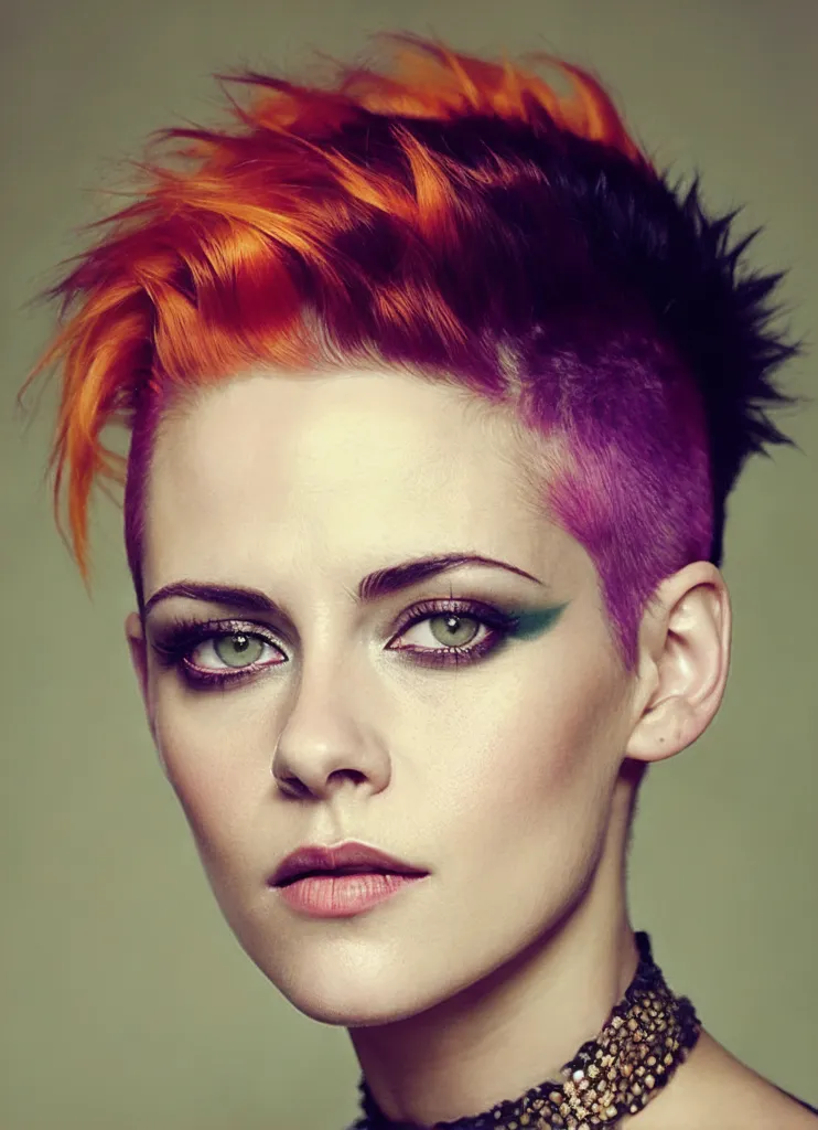 The image shows a young woman with a very short haircut. The hair on the left side of her head is orange, and the hair on the right side of her head is black. The hair in the center is purple. The woman's eyes are green, and she is wearing purple eyeshadow. She is also wearing a necklace.