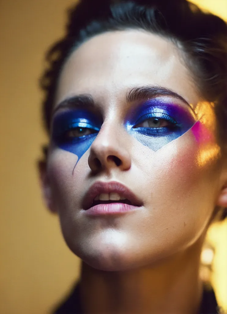 La imagen es un retrato de una mujer joven con cabello oscuro y ojos azul claro. Lleva sombra de ojos azul con un delineador azul más oscuro. Hay una marca rosa debajo de su ojo derecho. También lleva iluminador en las mejillas y en el arco de Cupido.