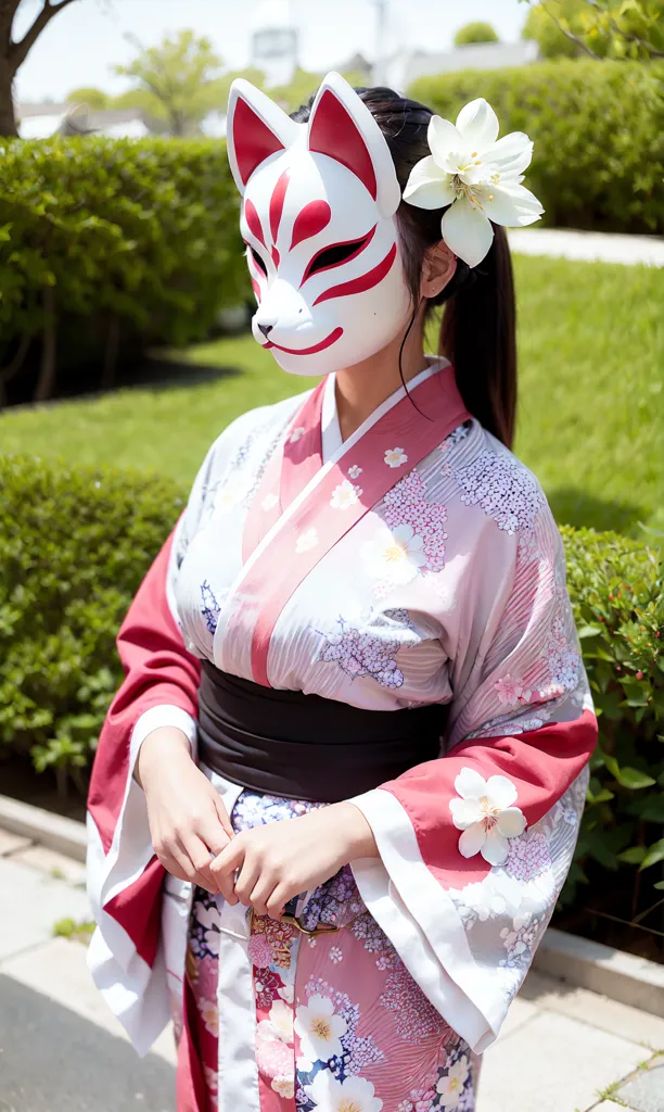 The picture shows a young woman wearing a traditional Japanese kimono with a white fox mask. The kimono is pink with white and red floral patterns and a white obi sash. The mask has red and white details. The woman is standing in a garden with green bushes and trees in the background.