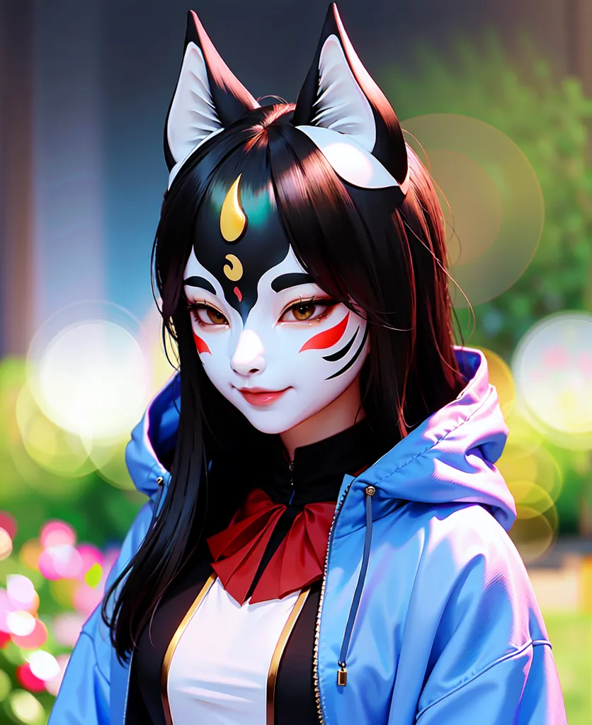 The image is a portrait of a young woman with long black hair and brown eyes. She is wearing a blue hoodie and a white shirt with a red bow. The woman is also wearing a kitsune mask, which is a traditional Japanese mask that is often used in Noh theater. The mask has a fox-like appearance, with pointed ears and a long snout. The woman's expression is one of calm serenity. The background is blurred and consists of a few out of focus pink flowers.