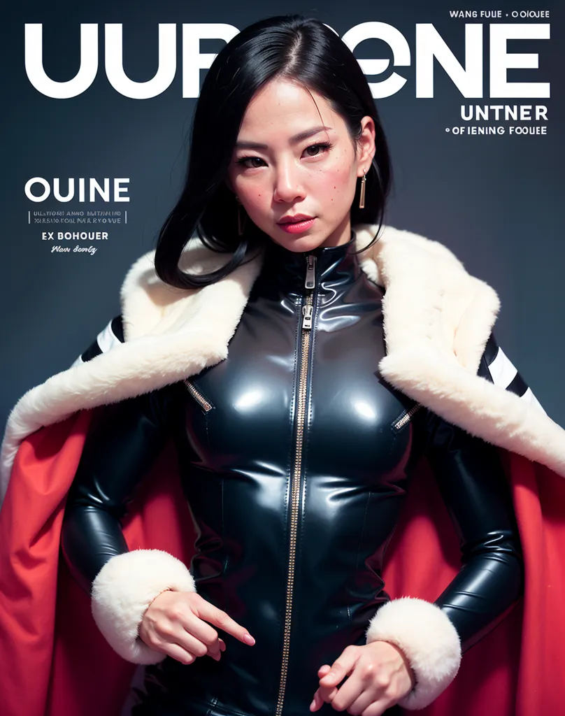 The image is of a woman wearing a black latex bodysuit with a white fur trim around the collar and cuffs. She is also wearing a red cape lined with white fur. The woman has long black hair and is looking at the camera with a serious expression. She is standing in front of a grey background with the words \