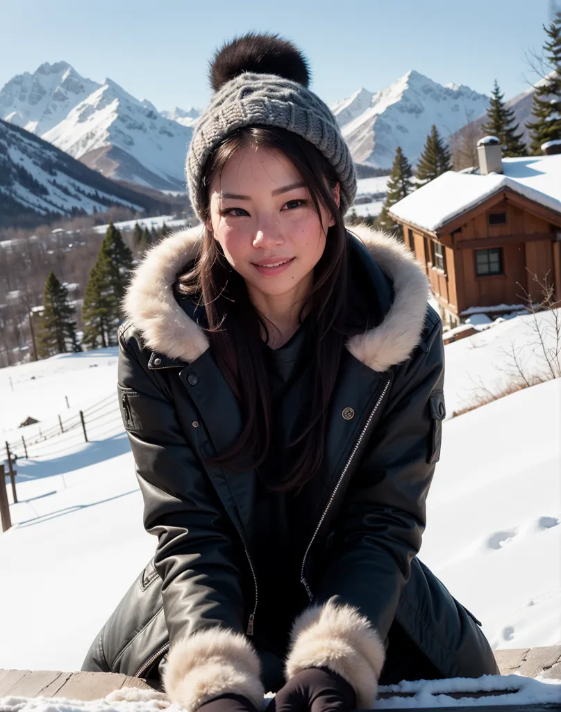 The image shows a young woman wearing a gray beanie with a black pom pom, a black leather jacket with fur trim, and black gloves. She is sitting on a snowy bench in front of a house. There are snow-covered mountains in the background. The sky is blue and the sun is shining. The woman has long dark hair and brown eyes. She is smiling and looking at the camera.