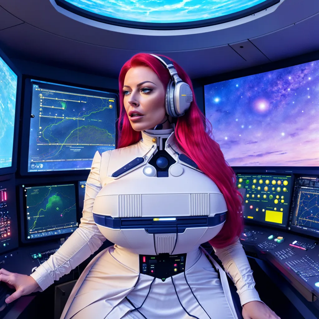 Esta é uma imagem de uma mulher sentada em uma nave espacial futurista. Ela está usando um traje espacial branco com muitos botões e luzes. Ela também está usando um par de fones de ouvido. A mulher tem cabelos vermelhos e olhos azuis. Ela está olhando para a câmera. Há várias telas de computador à sua frente. O fundo da imagem é um céu estrelado.