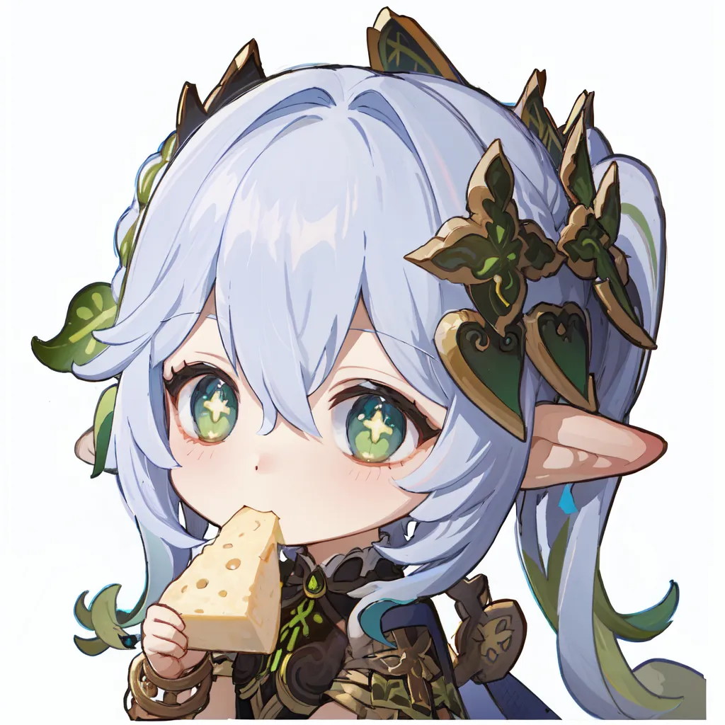 The image is of a chibi character from the game Genshin Impact. The character is Klee, a small girl with long, light blue hair and green eyes. She is wearing a green and white outfit and has a Klee-shaped hairclip in her hair. She is eating a piece of cheese and has a happy expression on her face. The background is white and there is a small amount of shading on the character.