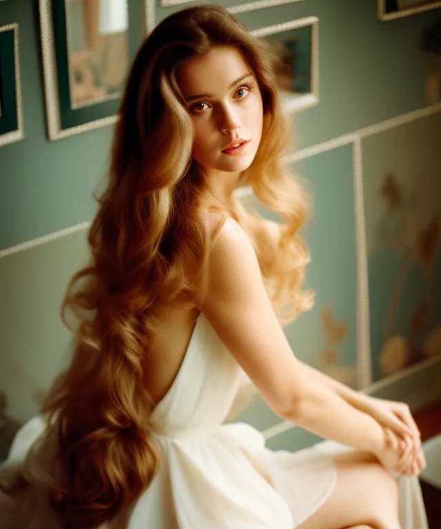 The image shows a young woman with long, wavy blonde hair. She is wearing a white dress with a low back. She is sitting on a bed or bench, with her legs crossed and her hands resting on her knee. She is looking at the camera with a soft, slightly melancholic expression. The background is blurry, with a few out of focus highlights. The overall mood of the image is soft, romantic, and dreamy.