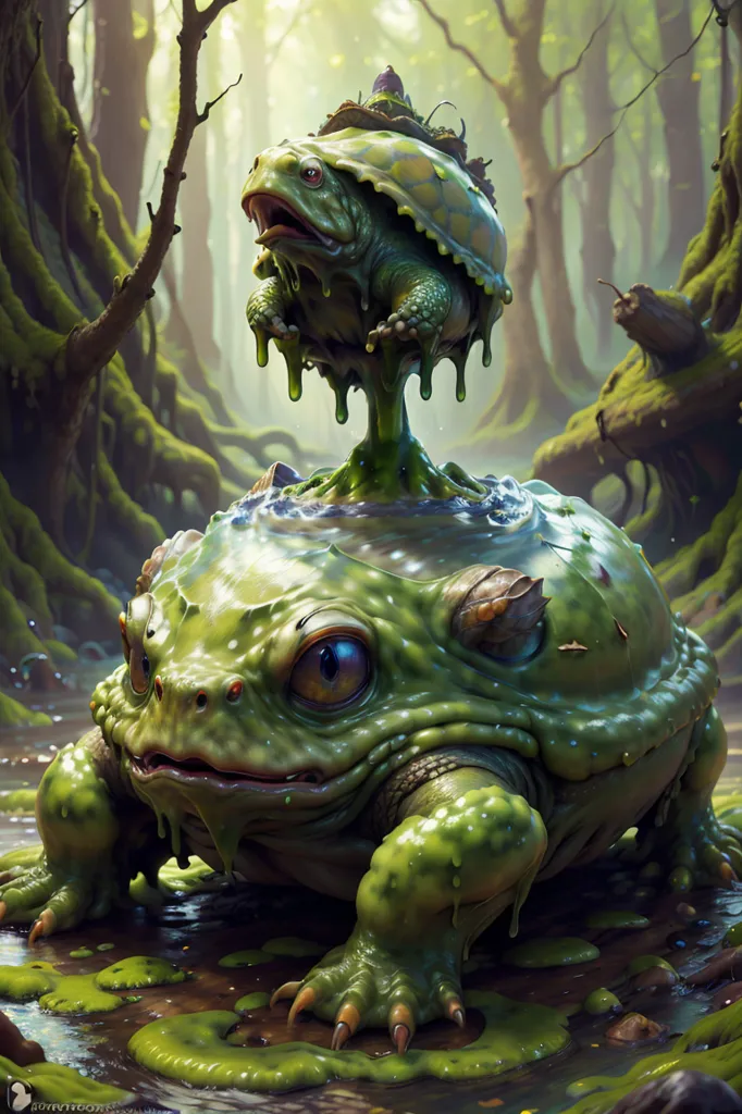 The image is a digital painting of a large, green frog-like creature. The creature is standing in a swamp, surrounded by trees and other plants. The frog has a large, gaping mouth and sharp teeth. On its back is a smaller, green turtle-like creature with a brown shell. The turtle is also has a large mouth and sharp teeth. Both creatures are covered in a thick, green slime. The image is dark and murky, and the water is murky.