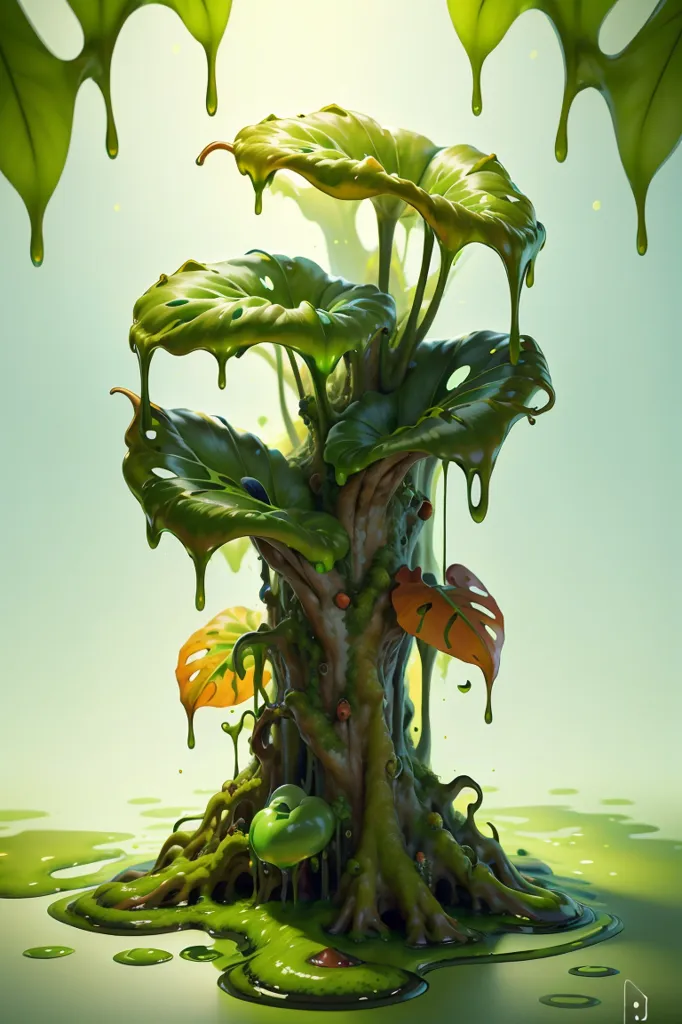 The image is a surreal depiction of a tree. The tree is made of green leaves and branches, but it is also covered in a strange, green liquid. The liquid is dripping from the leaves and branches, and it is also pooling on the ground around the tree. The tree is set against a white background, and there is no sign of any other life in the image. The image is both beautiful and eerie, and it leaves the viewer wondering what is happening to the tree and what will happen to it next.