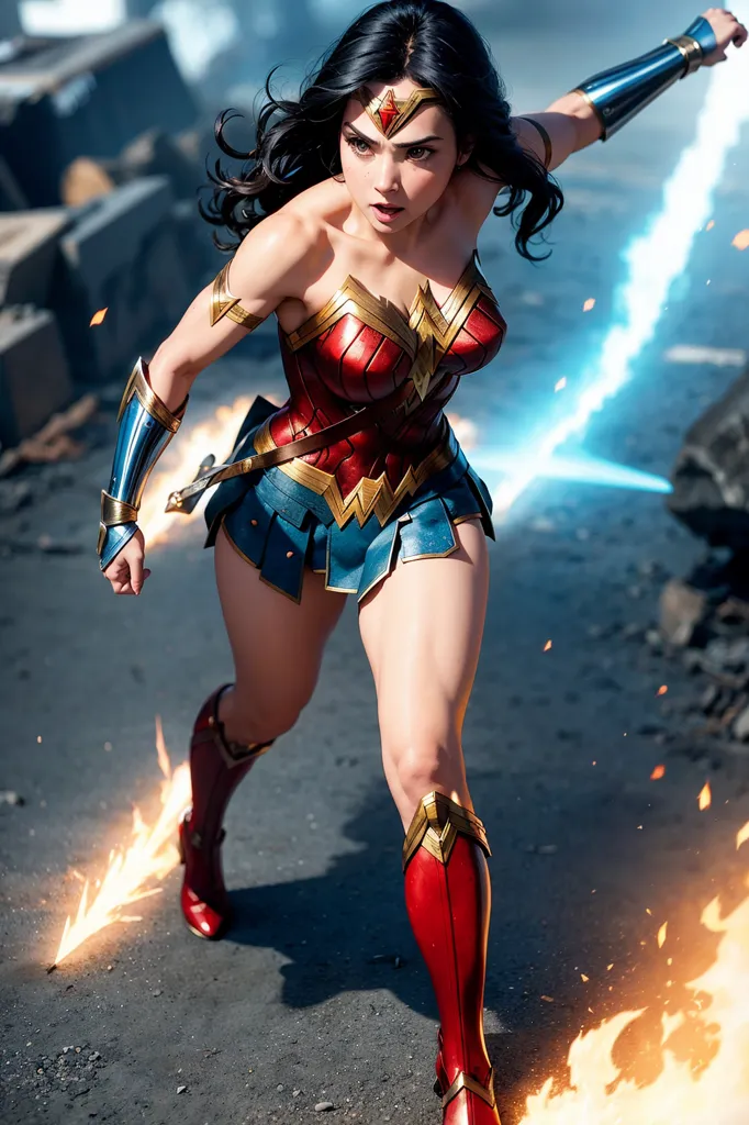 This is an image of Wonder Woman, a superhero from DC Comics. She is standing in a fighting stance, with her left leg forward and her right leg back. Her left arm is extended forward, with her hand open and ready to strike. Her right arm is bent at the elbow, with her hand near her head. She is wearing her iconic red, white, and blue costume, with a gold belt and silver bracelets. Her hair is long and flowing, and her eyes are blue. The background is a blur of rubble and flames.