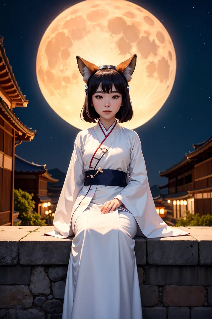 The image is a portrait of a young woman with short black hair and fox ears. She is wearing a traditional Japanese kimono with a white outer layer and a dark blue sash. The woman is sitting on a stone wall in front of a full moon. The background is a traditional Japanese street with buildings and lanterns. The woman has a serene expression on her face and is looking at the viewer.