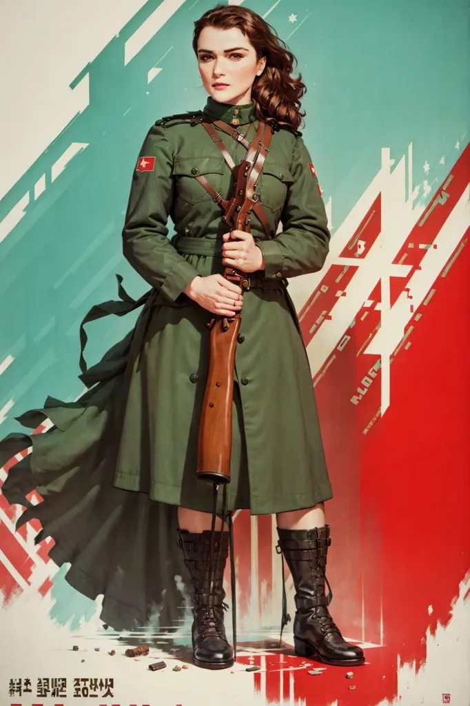 This is an image of a woman in a green military-style dress with a red sash standing in front of a red and white background. She is holding a rifle in her hands. The woman has brown hair and brown eyes. She is wearing a white blouse under her dress and a brown belt around her waist. She is also wearing a red scarf around her neck. The background is divided into three vertical sections. The left section is red, the middle section is white, and the right section is green. There are some Chinese characters on the left section.