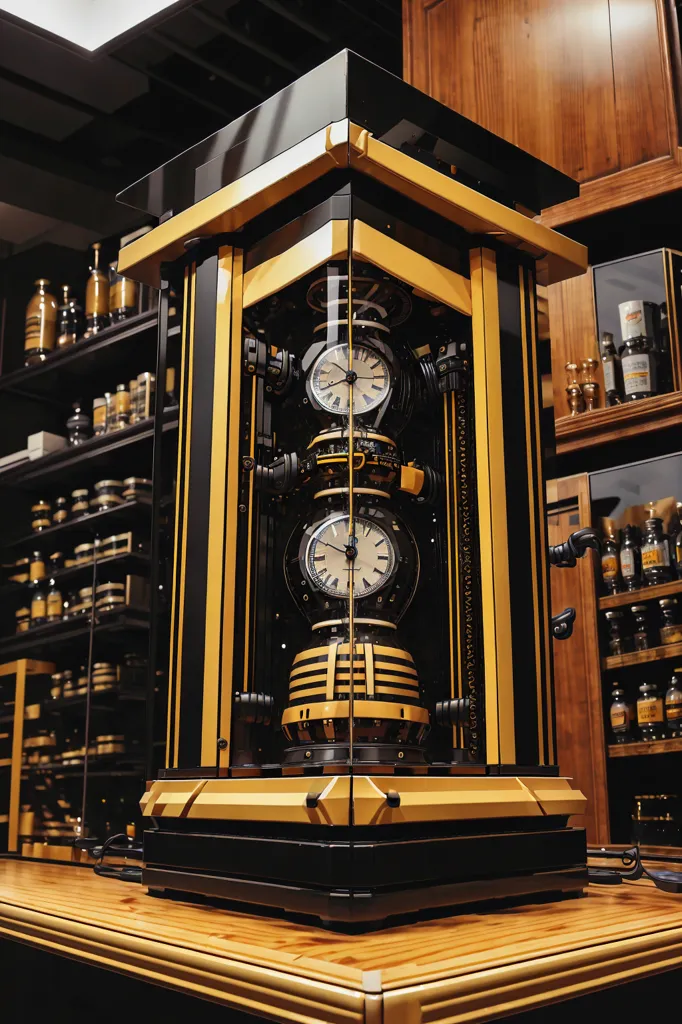 The image shows a golden and black steampunk style clockwork sculpture sitting on a wooden table. The clockwork sculpture is encased in a glass and metal display case. There are shelves lined with liquor bottles behind the display case.