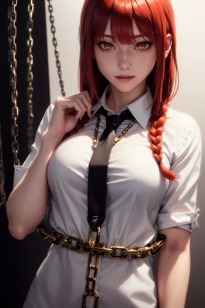 The image shows a young woman with long red hair and orange eyes. She is wearing a white shirt and a black tie. There are chains around her neck, waist, and left arm. She is standing in front of a dark background with chains hanging down on either side of her.