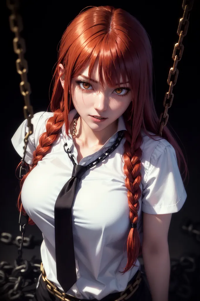 This is an image of a young woman with long red hair and orange eyes. She is wearing a white shirt and a black tie. There are chains around her neck and on the wall behind her. She has a serious expression on her face.