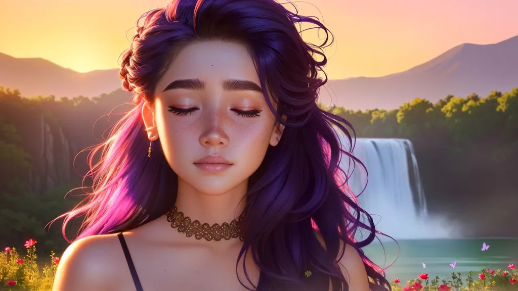 La imagen es un retrato de una hermosa mujer joven con cabello largo y ondulado de color púrpura. Ella está de pie frente a una cascada y el sol se está poniendo detrás de ella. El cielo es un degradado de naranja y rosa, y la cascada es de un blanco nebuloso. La mujer lleva un vestido negro con escote de corazón y tiene un delicado collar alrededor del cuello. Tiene los ojos cerrados y una expresión serena en su rostro. La imagen es muy pacífica y relajante.