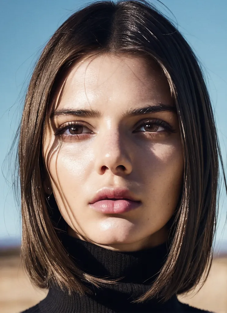 A imagem é um close-up de uma jovem mulher com cabelos castanhos curtos e olhos escuros. Ela está usando um suéter de gola alta preto. O fundo está desfocado e é um dia ensolarado e brilhante. A pele da mulher é impecável e seus olhos são escuros e misteriosos. Ela olha para a câmera com uma expressão séria. A imagem é recortada de forma que o rosto da mulher é o único elemento em foco. Isso chama a atenção para ela e a torna o centro da imagem. O efeito geral da imagem é de beleza e mistério.