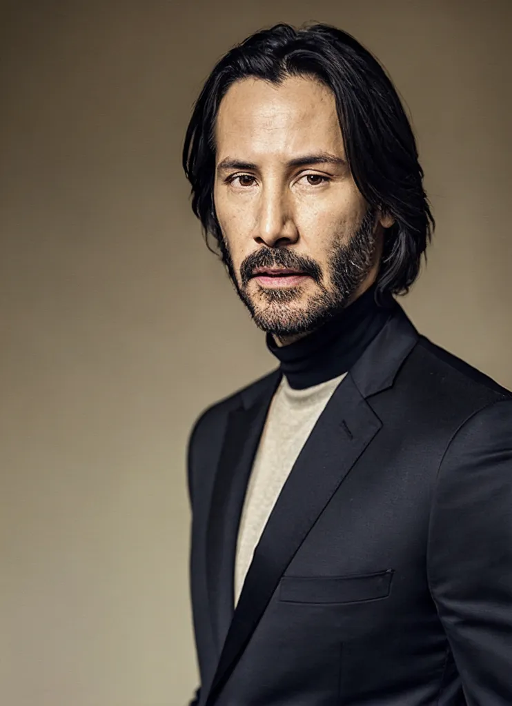 This is a picture of Keanu Reeves, a Canadian actor. He is best known for his roles in The Matrix, John Wick, and Speed. He is 58 years old. He is wearing a black suit and a white turtleneck sweater. He has long dark hair and a beard. He is looking at the camera with a serious expression.