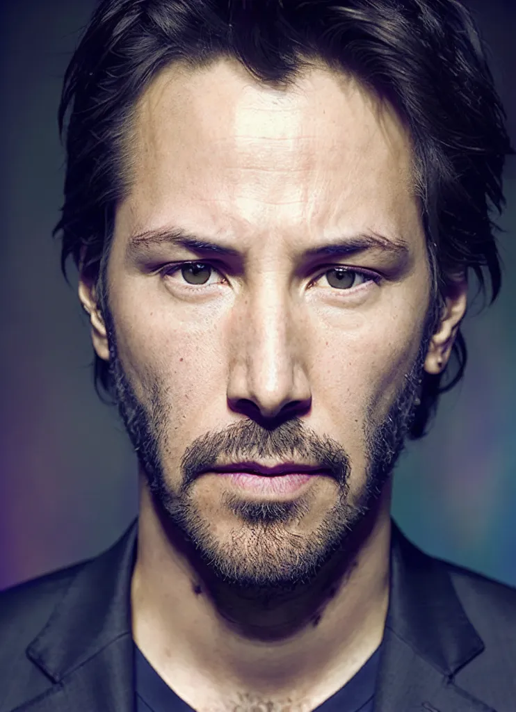 The image shows a headshot of Keanu Reeves. He is looking at the camera with a serious expression. He has dark hair and brown eyes. His beard is short and well-groomed. He is wearing a dark suit jacket. The background is out of focus and is a dark color.