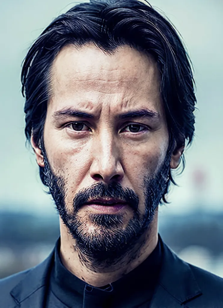 The image shows a close-up of Keanu Reeves' face. He is looking at the camera with a serious expression. He has dark hair and brown eyes, and his face is unshaven. He is wearing a dark suit jacket. The background is blurred.