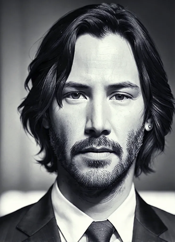 The photo is a black-and-white portrait of Keanu Reeves. He is looking directly at the camera with a serious expression. He is wearing a suit and tie. His hair is long and wavy, and he has a short beard.