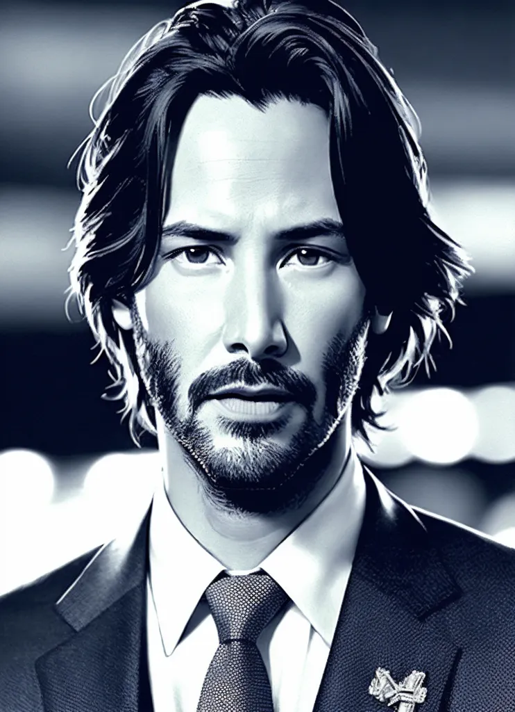 The image shows a black-and-white portrait of Keanu Reeves. He is looking at the camera with a serious expression. He is wearing a dark suit and tie. His hair is long and wavy. He has a beard and mustache. The background is blurred.