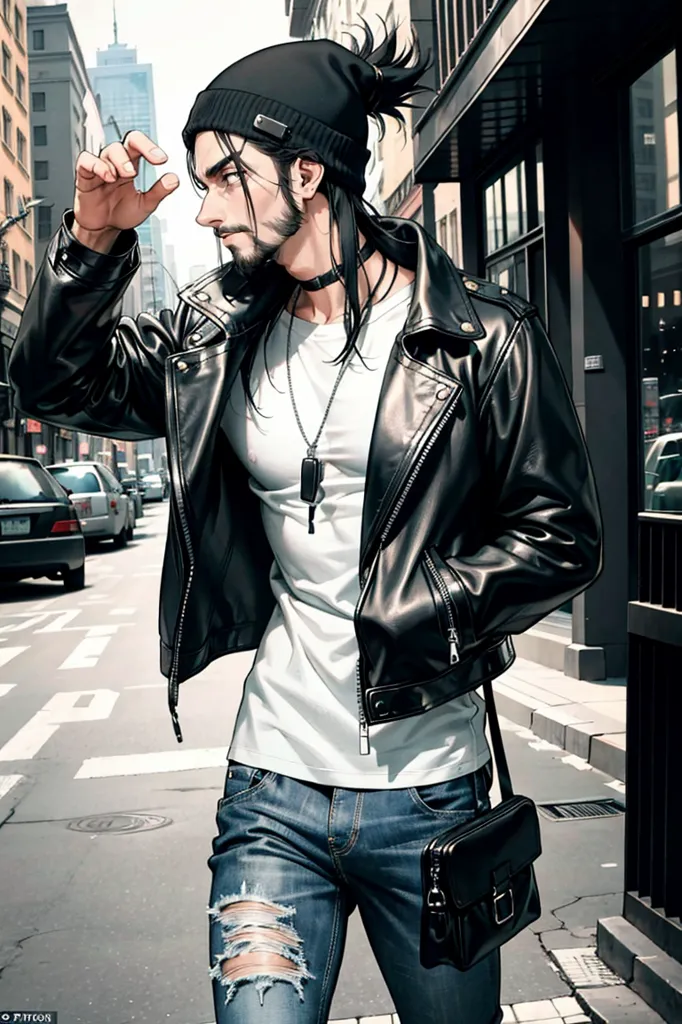 The image shows a young man with long black hair in a black beanie and a white T-shirt. He is wearing a black leather jacket and blue jeans with holes in the knees. He has a black bag over his shoulder and is looking away from the camera with one hand near his face. He has a small silver hoop earring in his left ear and a black choker around his neck. The background is a busy city street with cars parked on the side of the road and buildings in the distance.