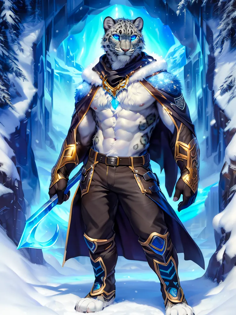 The image shows a snow leopard standing on a snowy mountain. The snow leopard is wearing a blue and white cape and a brown belt. It has a sword in its right hand and a shield in its left hand. The snow leopard is looking at the viewer with its blue eyes. There are snow-covered mountains in the background.