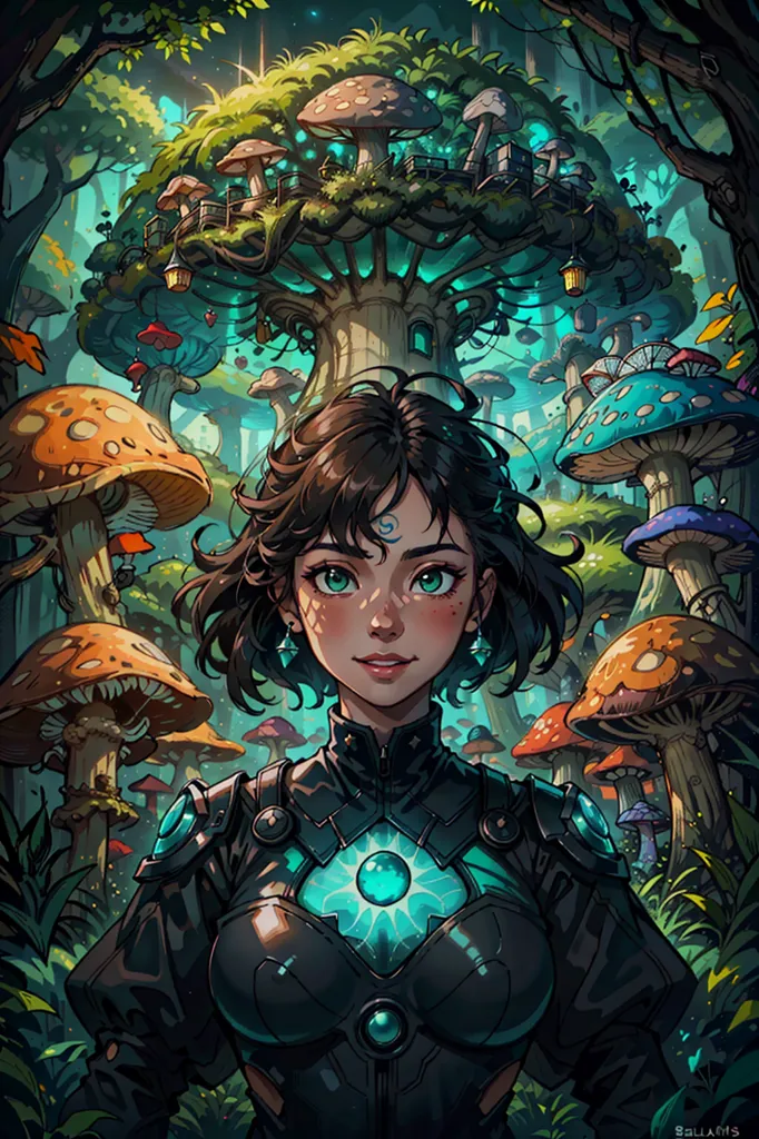 This is an image of a young woman standing in a lush forest. She is wearing a black and green bodysuit with a blue crystal in the center. She has brown hair and green eyes, and there are several glowing mushrooms around her. In the background, there is a large tree with several houses built into it.