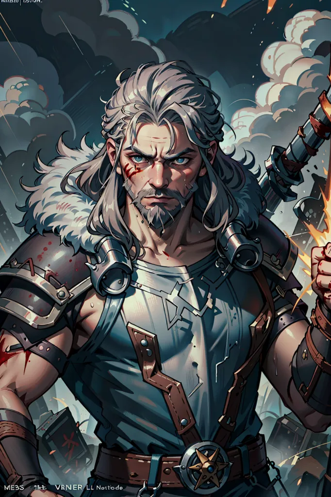 This is an image of a man with long white hair and a beard. He is wearing a blue shirt and brown pants. He is also wearing a sword on his back. He has a determined look on his face, and he is standing in a fighting stance. The background is a blur of grey clouds.