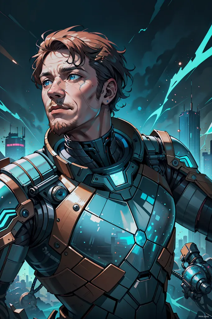 This is an image of a man in a futuristic suit of armor. He has short brown hair and blue eyes, and his armor is blue and brown. He is standing in front of a blue background with a city in the distance. The city is lit up by neon lights, and it looks like it is night time. The man is looking to the left of the frame, and he has a serious expression on his face. He is wearing a helmet, and his armor has a lot of sharp edges. He looks like he is ready for battle.