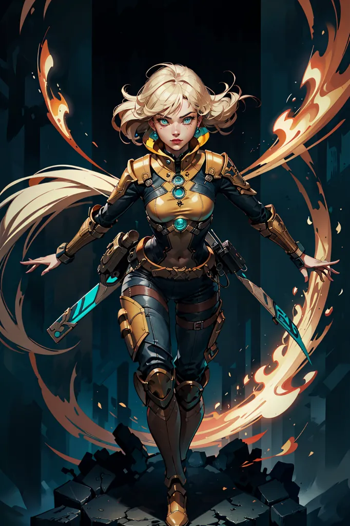 This image shows a young woman standing in a dark place. She has long blonde hair and blue eyes. She is wearing a black and yellow suit of armor. She has a sword in each hand. The swords are on fire. The woman is looking at the viewer with a determined expression.