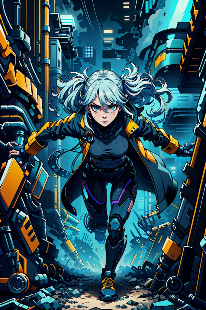 A young woman with blue hair and yellow eyes is running through a futuristic city. She is wearing a black and blue outfit and has a determined expression on her face. The city is full of tall buildings and bright lights, and there are various machines and structures in the background. The woman is running towards the viewer, and she seems to be in a hurry.