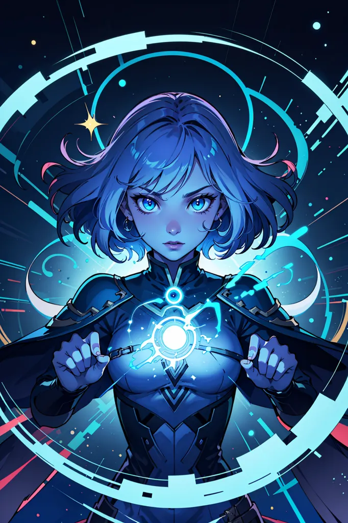 This is an image of a young woman with short blue hair. She is wearing a blue and black outfit and has a determined expression on her face. She is surrounded by a blue energy field and there are several glowing blue circles in the background. The overall composition of the image is very dynamic and conveys a sense of power and energy.