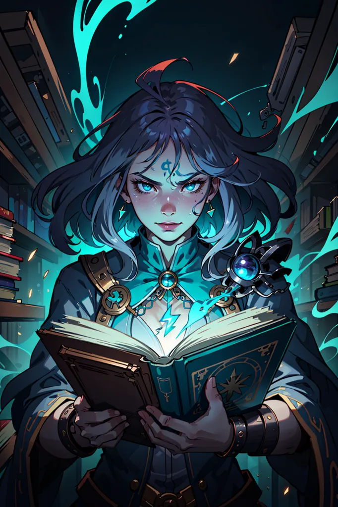 The image is of a young woman standing in a library. She is wearing a blue robe and has long, flowing hair. She is holding a book and there is a blue glow emanating from her hands. She is looking at the viewer with a serious expression on her face.