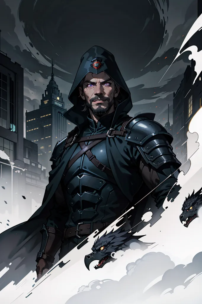 The image is of a man wearing a black cloak and armor. He is standing in a dark city with a red moon in the background. He has a sword sheathed on his back and a griffin on his shoulder. The man is looking at the viewer with a serious expression.