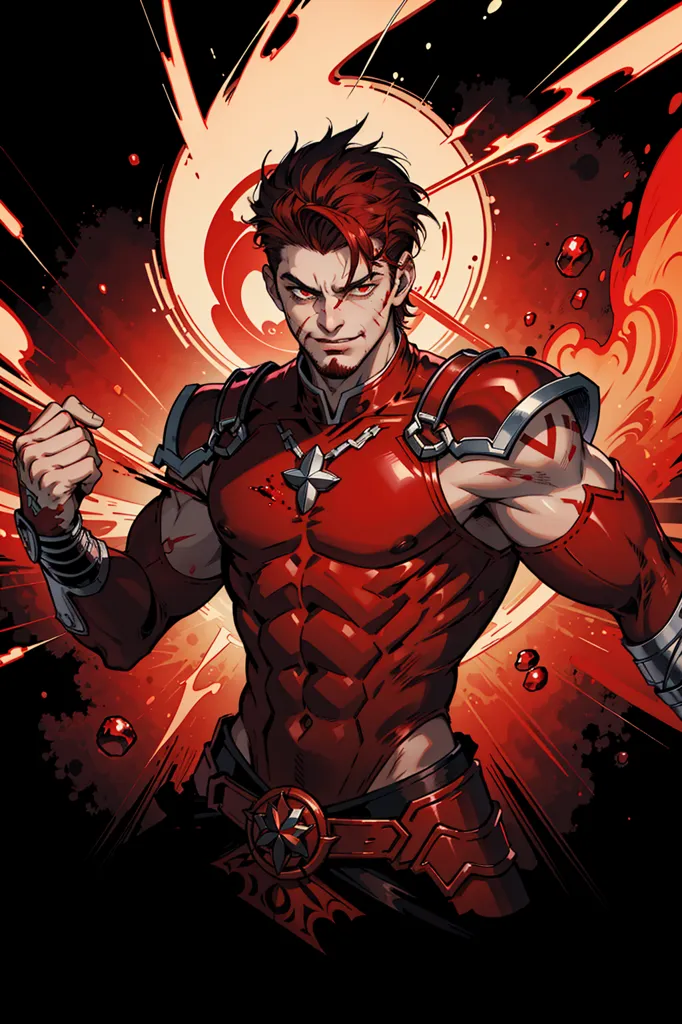 This is an illustration of a muscular man with red hair and red eyes. He is wearing a red and silver outfit and has a determined expression on his face. He is surrounded by red and orange flames.