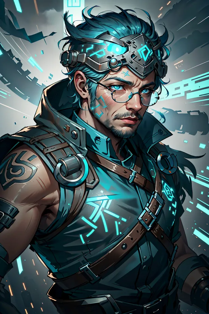 This is an image of a man with blue hair and a beard. He is wearing a blue shirt and a brown vest. He has a lot of gadgets and gizmos on his person and is looking at the viewer with a serious expression. He appears to be a steampunk or cyberpunk character.