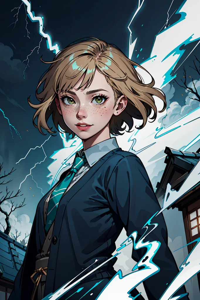 The image is a portrait of a young woman with short brown hair and green eyes. She is wearing a blue and gray school uniform and a tie. The background is a dark blue night sky with lightning bolts. The woman is looking at the viewer with a serious expression.