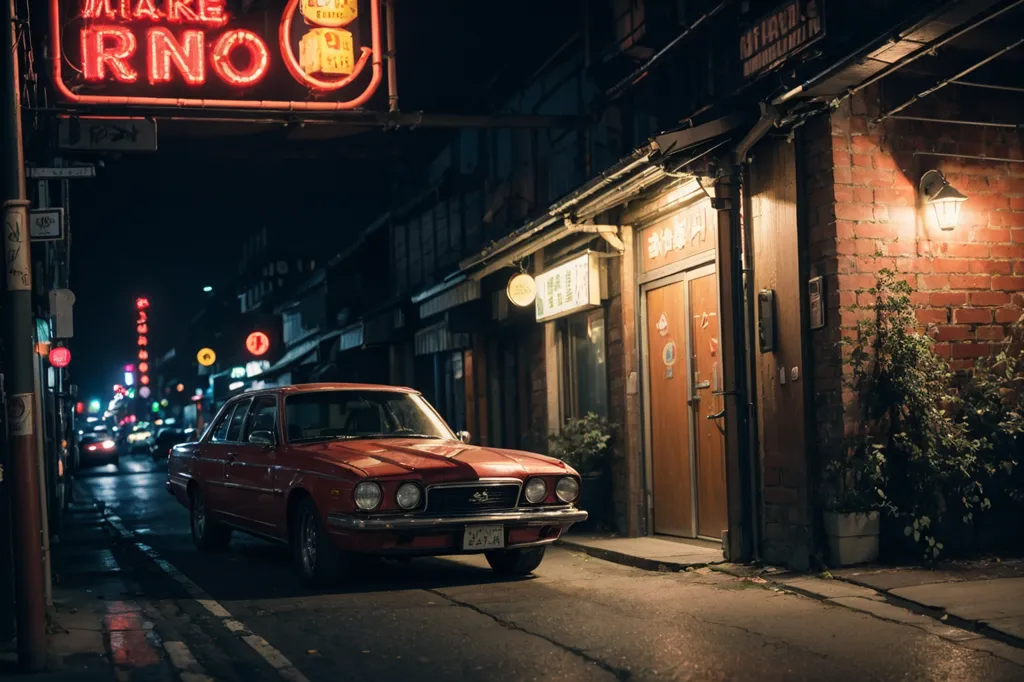 A imagem é uma cena noturna de uma rua em uma cidade. A rua é estreita e calçada, e ladeada por edifícios antigos. Há um carro vermelho estacionado na rua e algumas pessoas passando. Os edifícios são iluminados por luzes vermelhas e amarelas, e a rua é iluminada por um poste de iluminação. A imagem é atmosférica e tem um toque ligeiramente retrô.