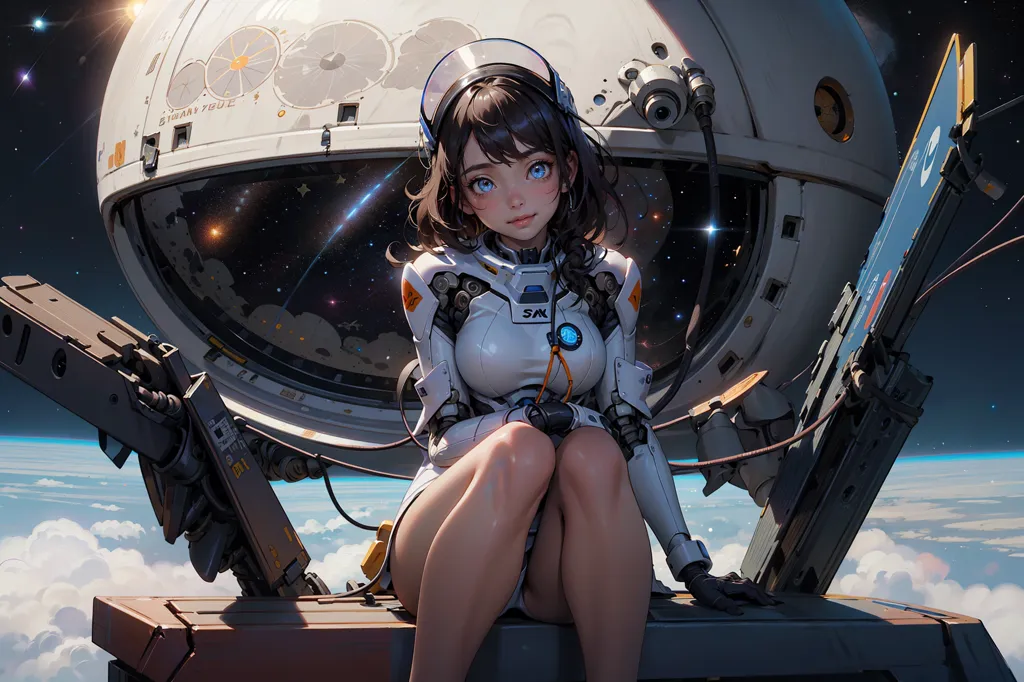 This is an image of a young girl in a futuristic spacesuit sitting on a spaceship. She is looking out at the stars. The ship is white and has a large engine on the back. The girl is wearing a white spacesuit with a blue visor. She has brown hair and blue eyes. The background is a starry night sky.