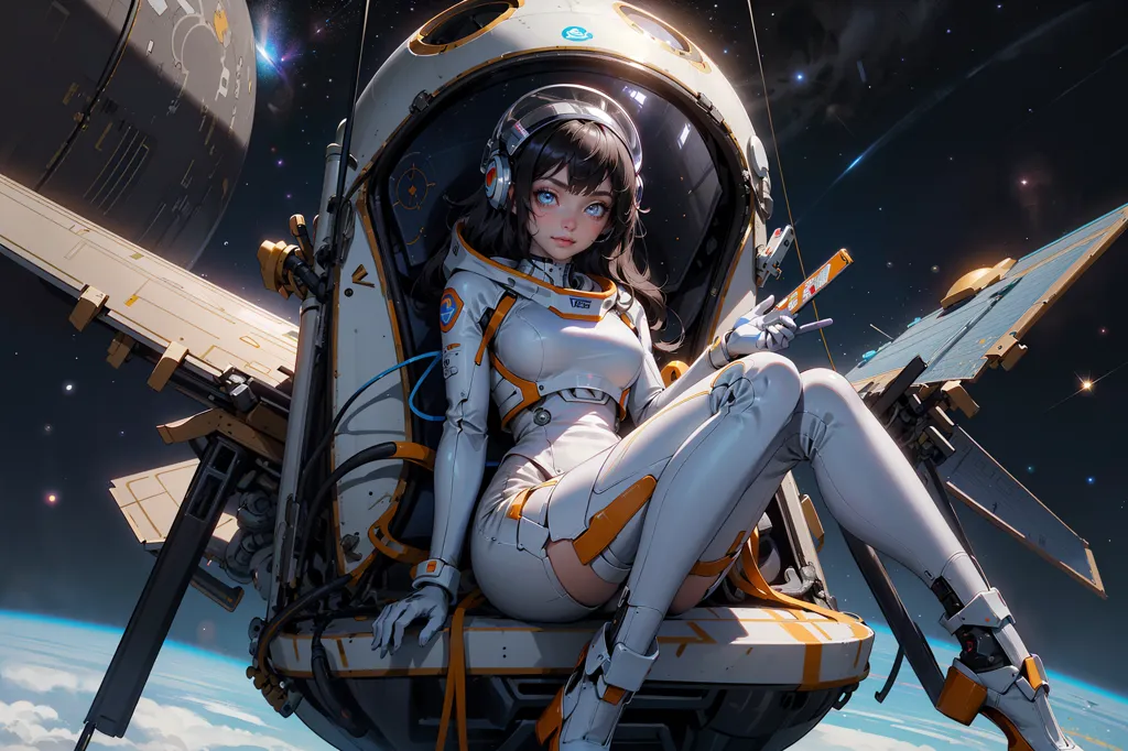 Ceci est une image d'une jeune fille en combinaison spatiale assise sur une station spatiale. Elle a les cheveux bruns et les yeux bleus et porte une combinaison blanche avec des détails orange et jaune. Elle porte également un casque avec une visière transparente. La station spatiale est en orbite autour d'une planète, et il y a des étoiles et une nébuleuse en arrière-plan.