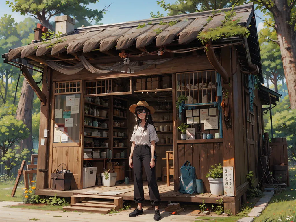 L'image est une belle illustration de style anime d'une petite maison traditionnelle japonaise. La maison est en bois et a un toit de chaume. Il y a un petit jardin devant la maison avec quelques plantes et fleurs. Une jeune femme se tient devant la maison. Elle porte une tenue décontractée et a un sourire amical sur le visage. L'arrière-plan de l'image est une forêt avec de luxuriants arbres verts. L'atmosphère générale de l'image est paisible et sereine.