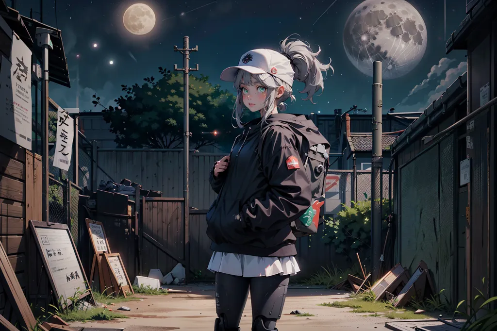 The image is a night scene of a girl standing in a junkyard. The girl is wearing a white cap, a black jacket, and a white skirt. She has a backpack on her back and is looking at the camera. The junkyard is full of scrap metal and debris. There is a tree in the background and a large moon in the sky.