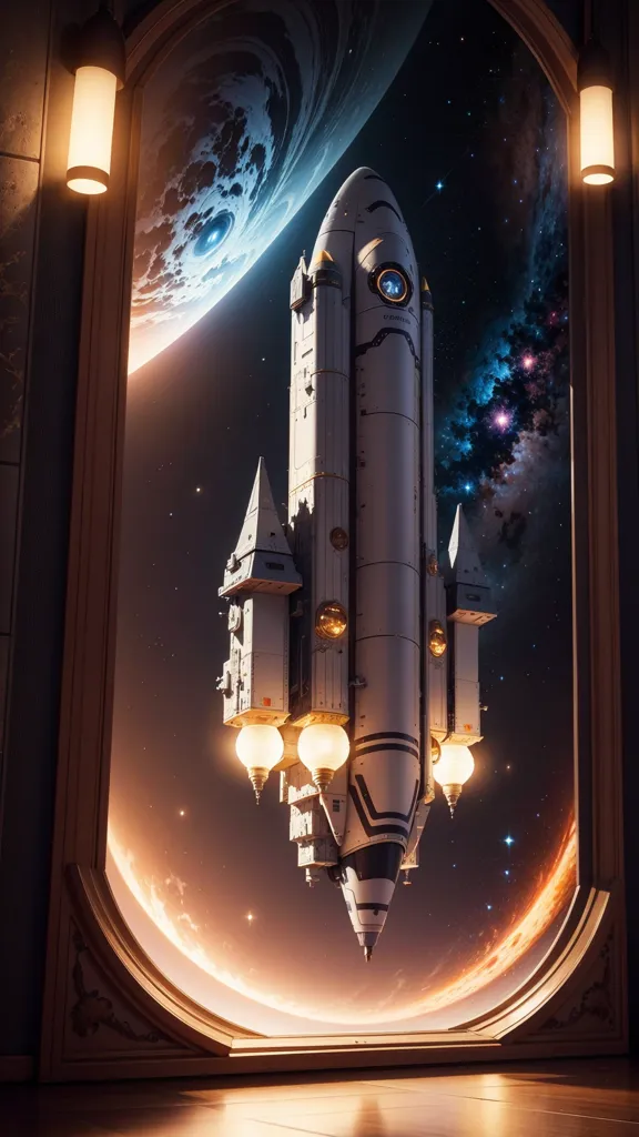 The image is a painting of a spaceship in space. The spaceship is white with gold accents and has four engines. It is docked in a large window that has two lights above it. The window is in a room with a dark wood floor and walls. There is a planet in the background of the window. The planet is blue and white and has a moon. There are stars in the background of the planet.