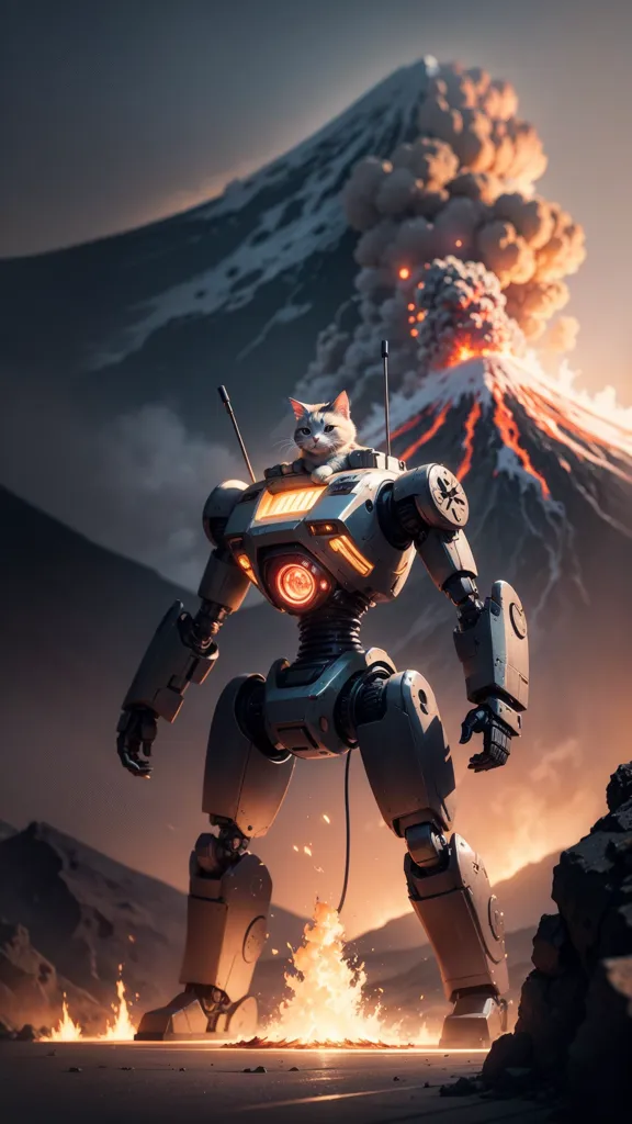 The image shows a giant robot standing in front of a volcano. The robot is made of metal and has a cat sitting on its shoulder. The volcano is erupting and there are flames coming out of the ground. The sky is dark and there are clouds of ash in the air. The ground is covered in rocks and there are mountains in the background.